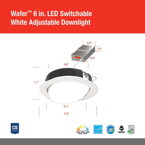 Sleek Six Inch Adjustable LED Recessed Wafer Downlight Featuring Five Tunable Color Temperatures Matte White Housing No Sweat Installation Ideal For Kitchens Showers And Commercial Spaces Top Shelf Durability