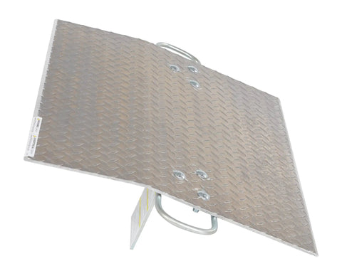 Built Different Aluminum Dock Plate For Two Wheel Hand Trucks 500 Lb Load Rating Loading Bridge Ramp 24 By 30 Inch shown in angled view.