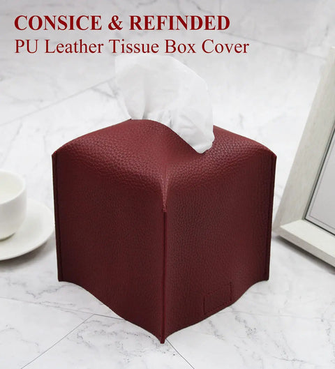 Durable PU Leather Tissue Box Cover Holder Square Modern Dispenser For Bathroom Vanity Nightstand Office Desk And Car Fits Standard Tissue Boxes Wine Red Great Gift For Home And Office Decor