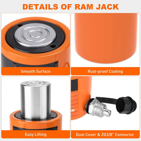 Nilight 20T orange hydraulic jack ram kit; metal cylinder with chrome piston, dust cover and 3/8 in connector.