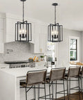 Straight Up Matte Black 3 Light Farmhouse Chandelier With Adjustable Height And Solid Metal Cage Build above kitchen island.