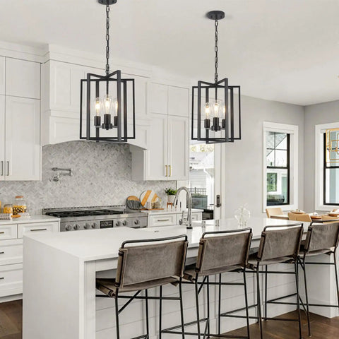 Straight Up Matte Black 3 Light Farmhouse Chandelier With Adjustable Height And Solid Metal Cage Build above kitchen island.