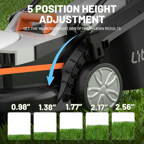 5-position height adjustment for cordless electric lawn mower for medium lawns up to 1300 sq ft with 13.2 inch cutting width