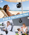 Portable Clip On Fan With Rechargeable USB Power Turbo Airflow 100 Stepless Speeds on chair, wall, and desk.