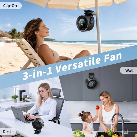 Portable Clip On Fan With Rechargeable USB Power Turbo Airflow 100 Stepless Speeds on chair, wall, and desk.