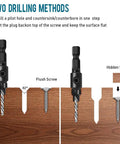 3 In 1 Wood Countersink Drill Bit Set With Adjustable Depth Stop, Includes 5 To 12, 82 Degree Chamfer showing two drilling methods