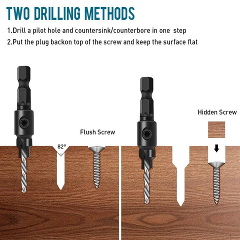 3 In 1 Wood Countersink Drill Bit Set With Adjustable Depth Stop, Includes 5 To 12, 82 Degree Chamfer showing two drilling methods