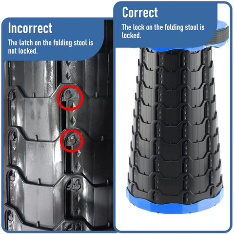 Instructions showing incorrect and correct latch positions on upgraded foldable stool set of 2 portable collapsible chair.
