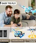 Father and son using Foam RC Planes With 1080P Camera For Kids And Adults Ages 8 To 16 Easy To Fly One Key Takeoff Lighted Jet indoors.