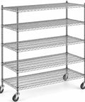 Heavy Duty Mobile Wire Shelving Rack With Five Adjustable Tier Supports NSF Certified Rolling Storage System For Kitchen Or Warehouse Use. Silver metal design.