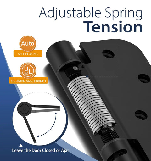3 Pack 4 Inch Self Closing Door Hinges With Five Eighth Inch Radius Corners Black Finish For Kitchen Bathroom Garage And Office Doors No Fuss Install Durable Stainless Steel Mounting Hardware Built To Last Ideal For Interior Doors And High Traffic Use; adjustable spring tension