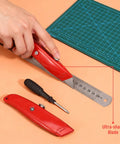 12 Pack Bulk Retractable Utility Knives Heavy Duty Aluminum Box Cutters For Cardboard Plastic Cartons DIY Projects Home Office Warehouse Red Handles Great For Packaging Opening And Crafting, red-handled aluminum cutter with blade extended on ruler