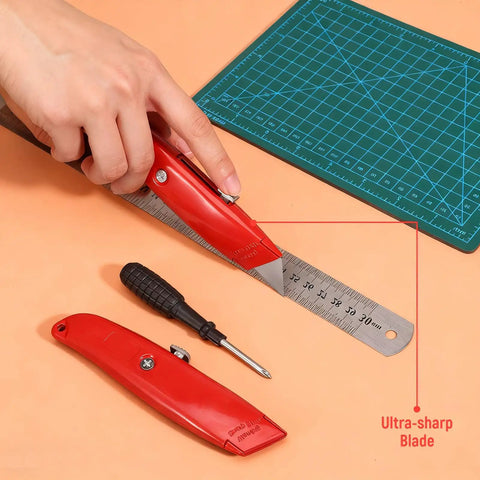 12 Pack Bulk Retractable Utility Knives Heavy Duty Aluminum Box Cutters For Cardboard Plastic Cartons DIY Projects Home Office Warehouse Red Handles Great For Packaging Opening And Crafting, red-handled aluminum cutter with blade extended on ruler
