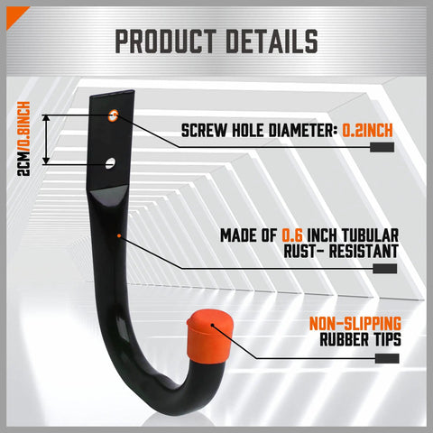 Heavy Duty Metal Wall Hooks 6 Pack For Garage Storage And Organization, J Hooks To Hold Tools, Extension Cords, Ladders, And Bags, Indoor Outdoor Black With Wall Mount Hardware Included, close-up of single hook with dimensions.