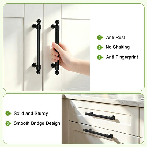 Hand holding 10 Pack 5 Inch Matte Black Cabinet Handles And Drawer Pulls with solid build on white cabinet door.