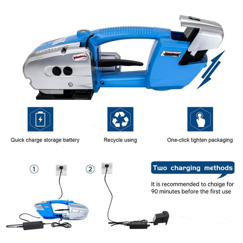 Electric Strapping Machine For Half To Five Eighths Inch Wide PP PET Straps Auto Heat Melt Sealer Dual 4000mAh Batteries Time Saver Rechargeable Pallet Packaging Banding Tool, blue side view