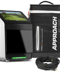 Pro Grade Golf Launch Monitor And Simulator With 10 Inch Color Touchscreen Three Camera System More Than 15 Metrics GPS Virtual Course Overview And Signature Series 50 Foot 4K HDMI Cable Included Bundle showing monitor, carrying case, and HDMI cable.