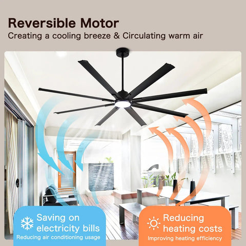 84 Inch Smart Outdoor Ceiling Fan With Light Knockout Industrial Design Eight Anodized Aluminum Blades in black ceiling with light.