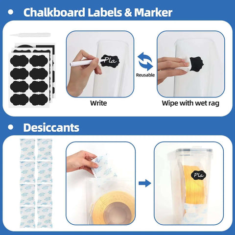 Four Pack Filament Storage Box Set with Desiccants Reusable Label Sheets and 4.0L Airtight Containers for 3D Printing Filaments