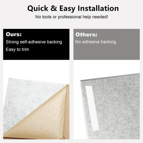 High Density Polyester Acoustic Wall Panels Kick Echo To The Curb With These Smooth Soundproofing Tiles Perfect For Home Studio Office And Gaming Setup Breeze To Install Gray 12 Pack showing self-adhesive backing for easy installation.