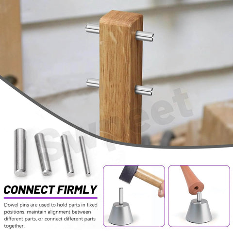 Stainless Steel Dowel Pin Kit 110 Piece Set M2 M3 M4 M5 304 Grade installed in wooden furniture for alignment.