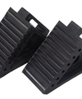 Solid Rubber Wheel Chocks With Traction Ribs For That Tire Grip And A Handy Handle For Quick Positioning Built Tough To Keep Your Ride Secured On Slopes, showing two black chocks with ribbed surface.