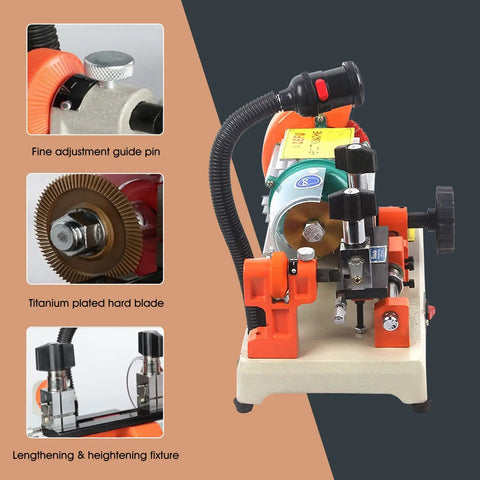 110V Automatic Key Duplicating Machine With Precision Micro Adjust And Titanium Plated HSS Blade showing blade details.
