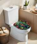 Elongated Ornate Wooden Boat Surrounded by Fish Colorful Lotus Toilet Seat on modern bathroom toilet with floral design.