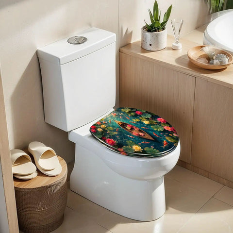 Elongated Ornate Wooden Boat Surrounded by Fish Colorful Lotus Toilet Seat on modern bathroom toilet with floral design.