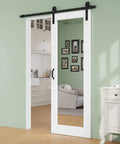 28 Inch By 80 Inch Preassembled Solid Core MDF Sliding Barn Door Kit With 72 Inch Track And Black Hardware, 1 Lite Mirror Panel