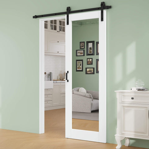 28 Inch By 80 Inch Preassembled Solid Core MDF Sliding Barn Door Kit With 72 Inch Track And Black Hardware, 1 Lite Mirror Panel