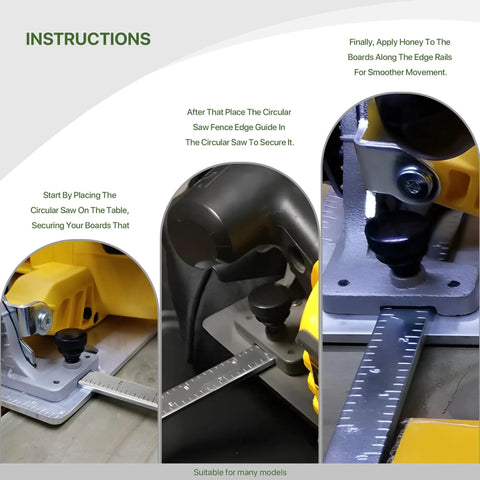 Precision Circular Saw Edge Guide Replacement Part Fits Standard Cordless Tools, shown securing saw on table with measurement rail.
