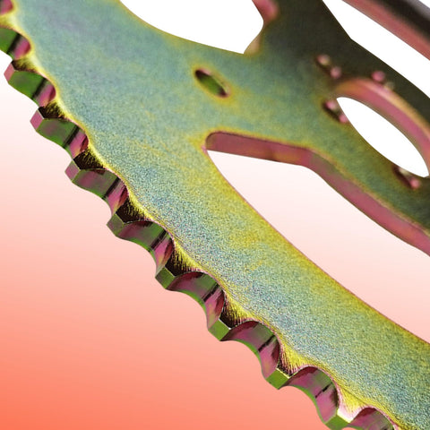 Close-up of 60T 420 Sprocket With 37mm Bore 6 Hole Mount Beefed Up High Torque Rear Chain Sprocket Replacement with teeth detail