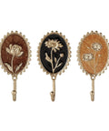 Super Clean Set Of Three Straight Up Vintage Wall Hooks With French Garden Floral Details and Classic Scalloped Metallic Hardware.