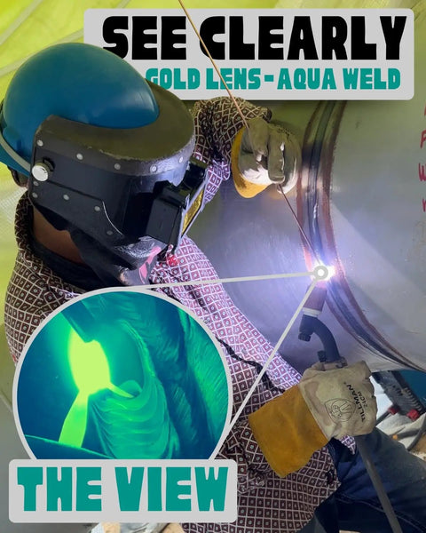 Welder using Aqua Shade 10 Gold Welding Lens 2x4 1/4 for TIG/MIG welding with aqua tint clarity, wearing safety hood.