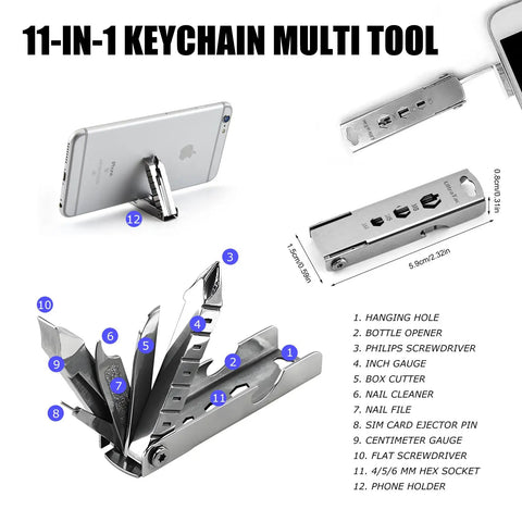 Military Grade Multitool Gift Set For Men 11-in-1 keychain multitool with various stainless steel tools extended