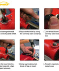 CXPRO 314-piece thread repair kit with helicoil inserts; six-step collage shows drilling, tapping, inserting, final repair.