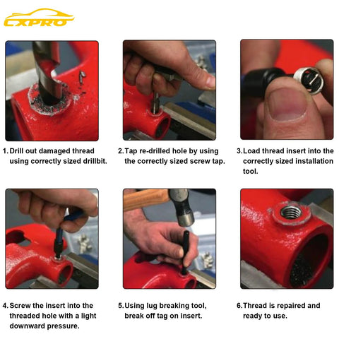 CXPRO 314-piece thread repair kit with helicoil inserts; six-step collage shows drilling, tapping, inserting, final repair.