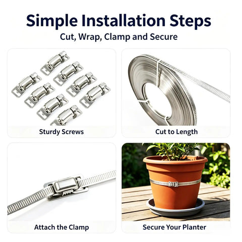Get This 6.56 Ft Adjustable Stainless Steel Hose Clamp Strap With Screw Fasteners For Durable Repairs And A Custom Fit To Banish Leaks At The Shop. Installation steps showing stainless steel strap, screws, and planter clamp