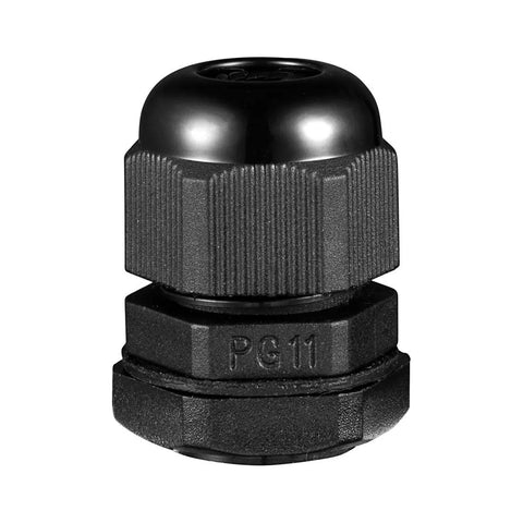 Close-up of PG11 Waterproof Nylon Cable Gland Joint With Adjustable Locknut For 5 To 10 mm Cable, IP68 sealed with rubber O-ring.