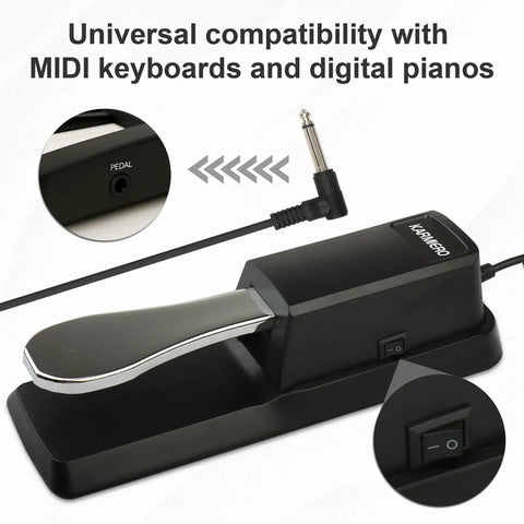 Universal Sustain Pedal For Keyboard With Polarity Switch Beefy Workhorse Premium Alloy Construction Non Slip Foot Pedal For MIDI Keyboards And Digital Pianos Quarter Inch Plug Smooth Action Compatible With Yamaha Casio And More in ergonomic design with non-slip base and 1/4 inch plug.