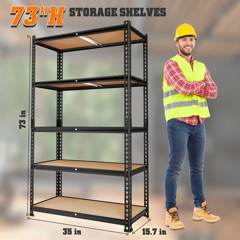 Tough As Nails 5-Tier Metal Shelving Unit Heavy Duty Storage Rack adjustable 73 inches high with four black shelves and worker.