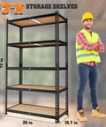 Heavy Duty Storage Shelving Unit, 5 Tier Metal Rack For Kitchen And Garage, Adjustable Organizer Built Tough To Carry All Your Gear, 35 By 16 By 72 Inches, Beefy Steel Frame, Pack Of Two next to a man wearing a hard hat.