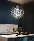 Sputnik Crystal Chandelier With Firework Chrome Finish, Dandelion Style Pendant Light Fixture, 9 Lights in modern kitchen setting