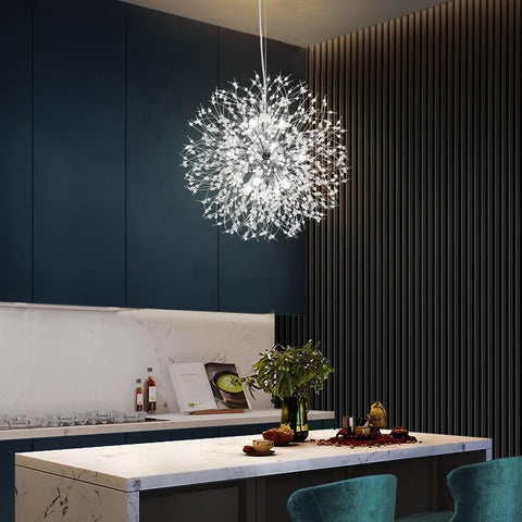 Sputnik Crystal Chandelier With Firework Chrome Finish, Dandelion Style Pendant Light Fixture, 9 Lights in modern kitchen setting