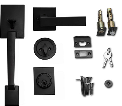 Single Cylinder Door Handle Set With Lever For Entrance And Front Doors Reversible For Left Or Right Handed Use Deadbolt Security Iron Black Finish Sleek Matte Black Exterior Hardware, showing components including lever, keys, and screws.