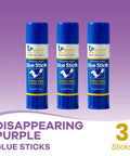 Purple Glue Sticks 22g Pack Of 3 For Office And School Projects Goes On Purple Dries Clear with product labels on a purple background.