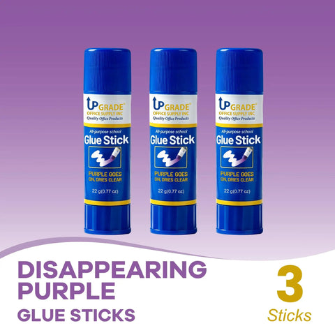 Purple Glue Sticks 22g Pack Of 3 For Office And School Projects Goes On Purple Dries Clear with product labels on a purple background.