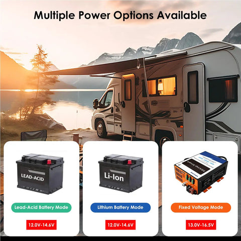 Rock Solid 55 Amp RV Power Converter And Battery Charger 120V AC To 12V DC Plug And Play Replacement For Campers Trailers With No Sweat Multi Stage Charging Routine with battery options displayed