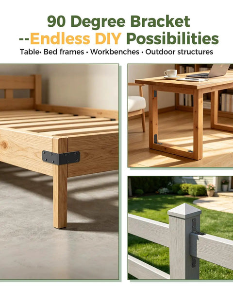 Heavy Duty 3x3x1.2 Inch L Brackets For Wood Shelves, Built Tough, Up To 150 Lbs Support, Black, 4 Pack, Pre Drilled Corner Braces For DIY Shelf Repair, Bowed Shelves, And Strong Shelf Support on bed frame, table, and fence